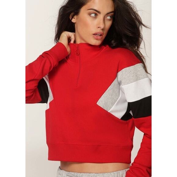Lorna Jane Grandstand Sweater Womens M Red Colorblock Quarter Zip High Neck Crop - Picture 12 of 14